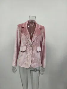 Elegant slim fit pink velvet blazer on mannequin showing soft velvet texture detail