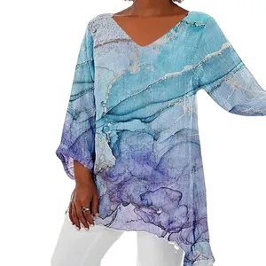 Plus size women casual loose V-neck long sleeve irregular printed tunic top for summer.