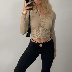 Women sexy slim fit ruched long sleeve button down shirt casual turn down collar top
