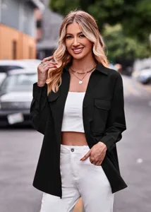 Damen lässige Langarm Bluse mit Knöpfen, Doppeltaschen und klassischem einfarbigem Design.