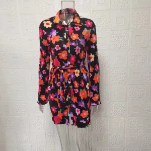 Floral print long sleeve pleated shirt dress for women with belt, chic casual mini dress style.