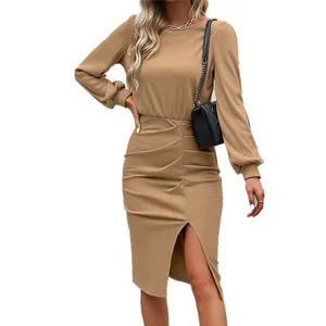 Women ribbed long sleeve knit dress slit casual stylish solid color elegant midi dress.