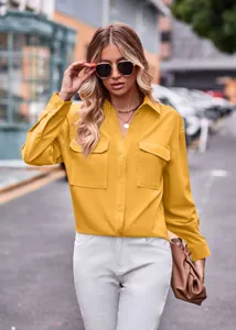Stilvolle Damen Langarm Bluse Einfarbig Knopfleiste Freizeit Hemd mit zwei Taschen