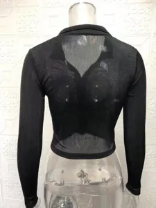 Black sheer long sleeve collared button down top slim fit sexy crop shirt for women summer