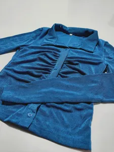 Women blue long sleeve lapel cardigan top slim fit ruched button down shirt for summer fashion