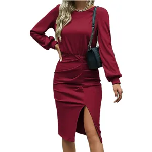 Women Long Sleeve Ribbed Knit Bodycon Midi Dress Elegant Slit Party Cocktail Dress