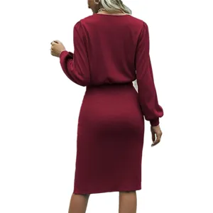 Burgundy ribbed knit long sleeve bodycon midi dress for women fashion spring outfit.