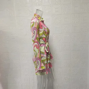 Detailed view of the colorful abstract patterned long-sleeve shirt dress with waist tie.