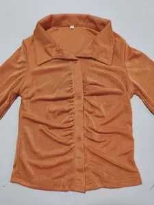 Women slim fit long sleeve button down ruched turn down collar shirt orange fashion casual top