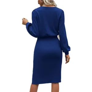 Back view detail of women long sleeve ribbed knit bodycon dress, showing fit and style.