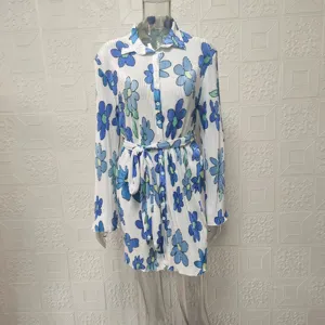 Floral print pleated long sleeve shirt dress with belt, elegant casual dress for women.