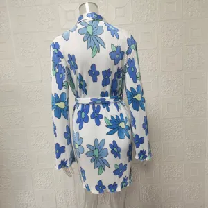 Womens pleated shirt dress long sleeve floral print belted mini dress elegant casual wear