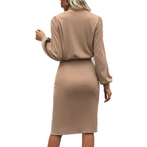 Detailed back view of women ribbed knit lantern sleeve split bodycon midi dress khaki.