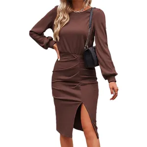 Detailed view of women's ribbed knit long sleeve split bodycon dress in brown for spring.