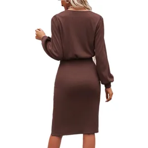 Women brown ribbed knit long sleeve lantern sleeve bodycon midi dress casual chic