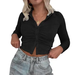 Women slim long sleeve button down shirt casual lapel ruched cardigan top black fashion
