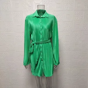 Green pleated long sleeve shirt dress with belt, elegant collar button down tunic detail.