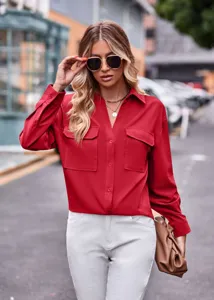 Elegante rote Damen Langarm Bluse mit Knöpfen und Brusttaschen Freizeitoberteil