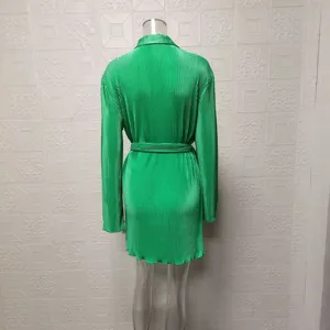 Close-up of the pleated long-sleeve dress back detail, featuring a matching fabric belt.