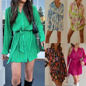 Pleated long sleeve shirt dress with belt and floral print options for women stylish daily wear