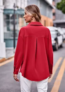 Damen rote langarm Bluse lässig Umlegekragen einfarbig stilvoll Oberteil Herbst Kleidung.