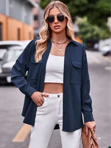Damen Casual Einfarbig Einreiher Langarm Hemd Lockere Passform Umlegekragen Bluse Mit Brusttaschen