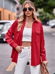 Rote Damen Langarm Bluse mit Knöpfen und Doppeltaschen lässige Oberbekleidung top