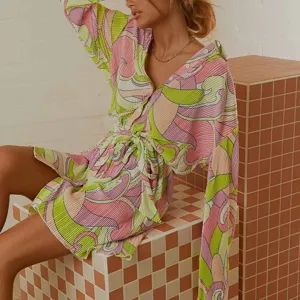 Women long sleeve retro abstract print belted mini shirt dress chic fashion apparel