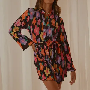 Floral print long sleeve button-down mini shirt dress with matching belt for women.