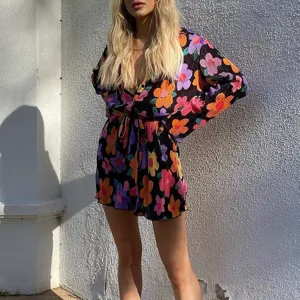 Colorful floral print long sleeve shirt romper with waist tie for women casual wear detail view