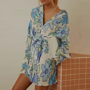Blue floral print long sleeve shirt dress with belt, casual fashion women's mini dress detail