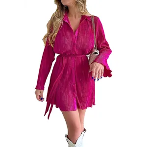 Vibrant pink metallic pleated long sleeve shirt dress with belt for women casual wear main