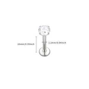 Titan Labret Piercing Stecker mit klarem Zirkonia Stein und detaillierten Maßen.