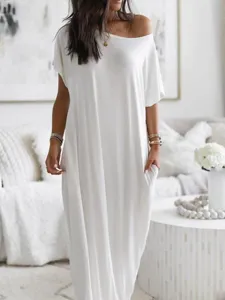 Robe Maxi Décontractée pour Femmes avec Poches Manches Courtes Coupe Ample Couleur Unie Imprimé Léopard Robe de Plage d'Été Robe Tunique en Polyester Élasthanne