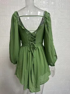 Stunning green mesh long sleeve lace-up backless slim mini dress back detail display.