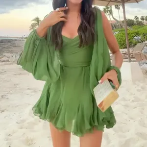 Olive green mesh long sleeve mini dress for women, sexy ruched design beach party clubwear.