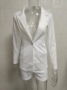 Women white blazer and shorts two piece set, casual commuter chic office wear outfit.