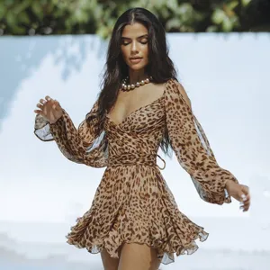Women leopard print long sleeve wrap mini dress fashion sexy V-neck party dress