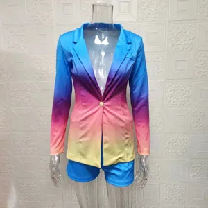 Women fashion gradient blazer and shorts two piece set casual office suit daily wear