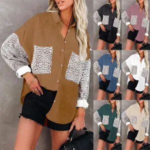 Women casual corduroy long sleeve button down shirt with leopard print pockets and sleeves.