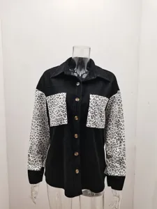 Corduroy leopard print paneling long sleeve detail on black shirt jacket for women