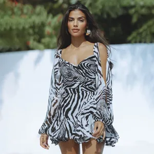 Women black white zebra print long sleeve mini dress casual chic elegant stylish outfit