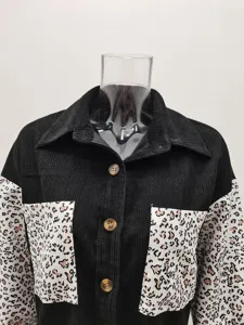 Black corduroy and leopard print patchwork long sleeve button down shirt jacket detail.