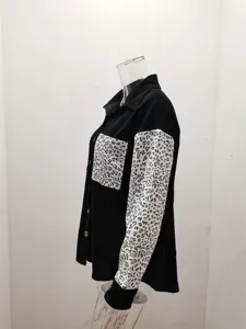 Women's autumn winter casual corduroy leopard print patchwork lapel long sleeve shirt jacket