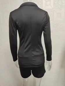 Women casual black blazer and shorts set, elegant long sleeve two piece suit for commute.