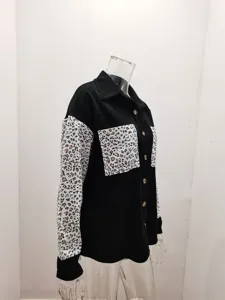 Detail view of women's autumn winter black corduroy leopard print patchwork casual shirt jacket.
