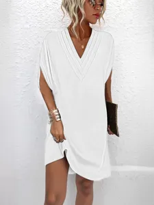 Women white v-neck batwing sleeve loose casual summer mini dress main product view