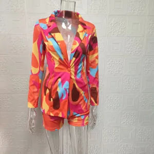 Women's colorful abstract print blazer and shorts two piece set casual suit outfit.