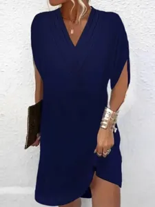 Women's V-Neck Pleated Batwing Sleeve Dress Spring Summer Casual Solid Dark Blue Mini Dress