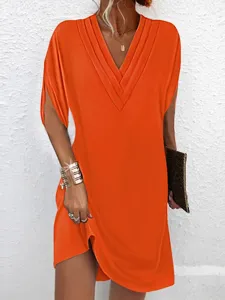 Orange V-neck pleated batwing sleeve dress women spring summer casual daily wear main view